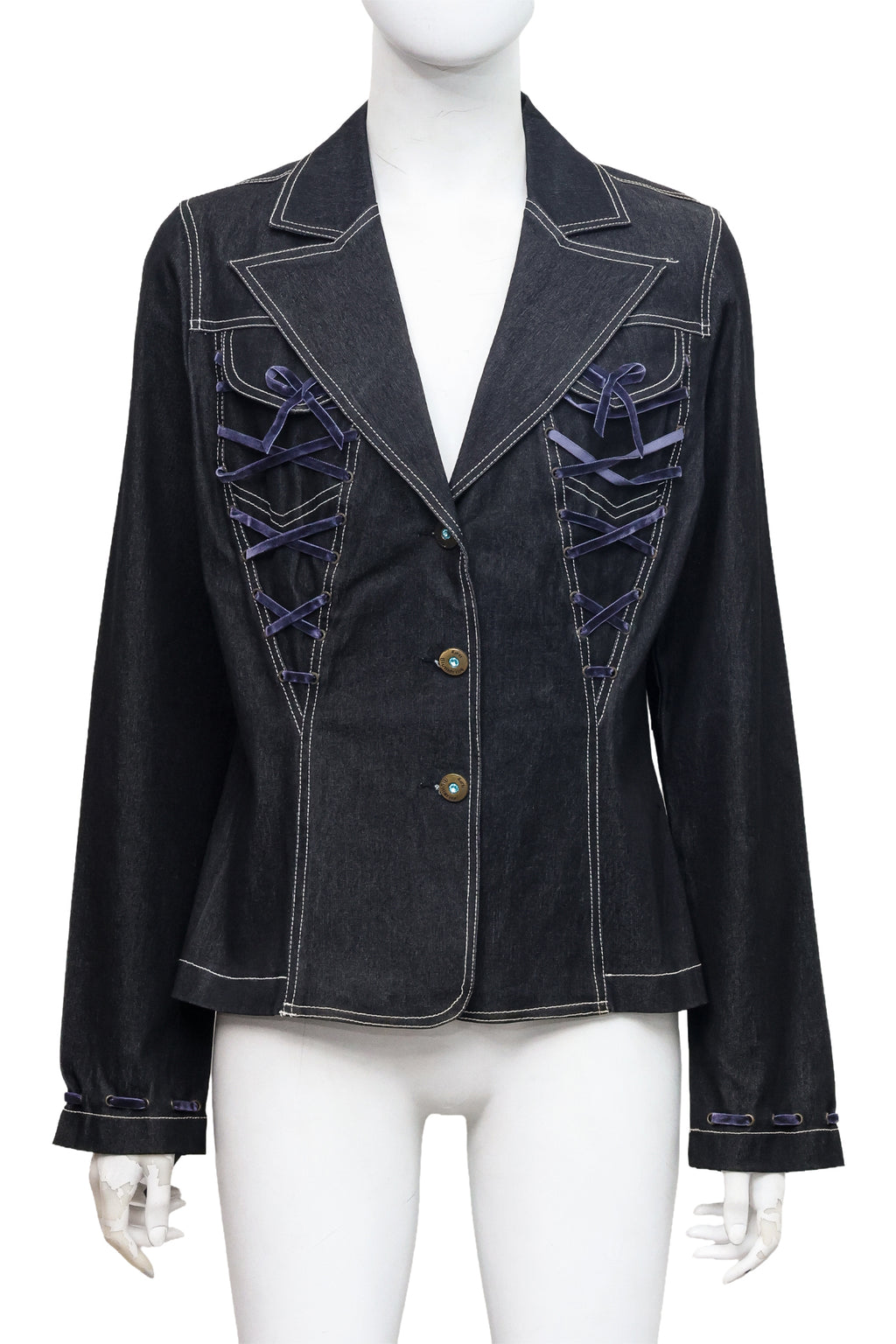 BLUMARINE - A DARK DENIM BLAZER WITH WHITE CONTRAST STITCHING AND PURPLE RIBBON DETAILS