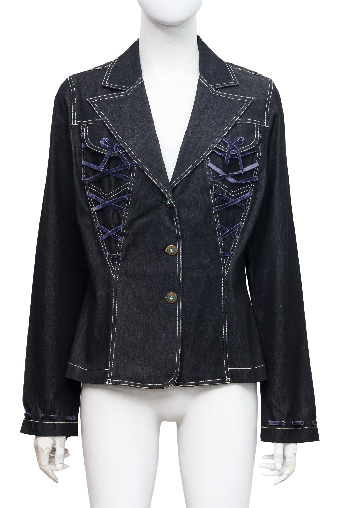 BLUMARINE - A DARK DENIM BLAZER WITH WHITE CONTRAST STITCHING AND PURPLE RIBBON DETAILS