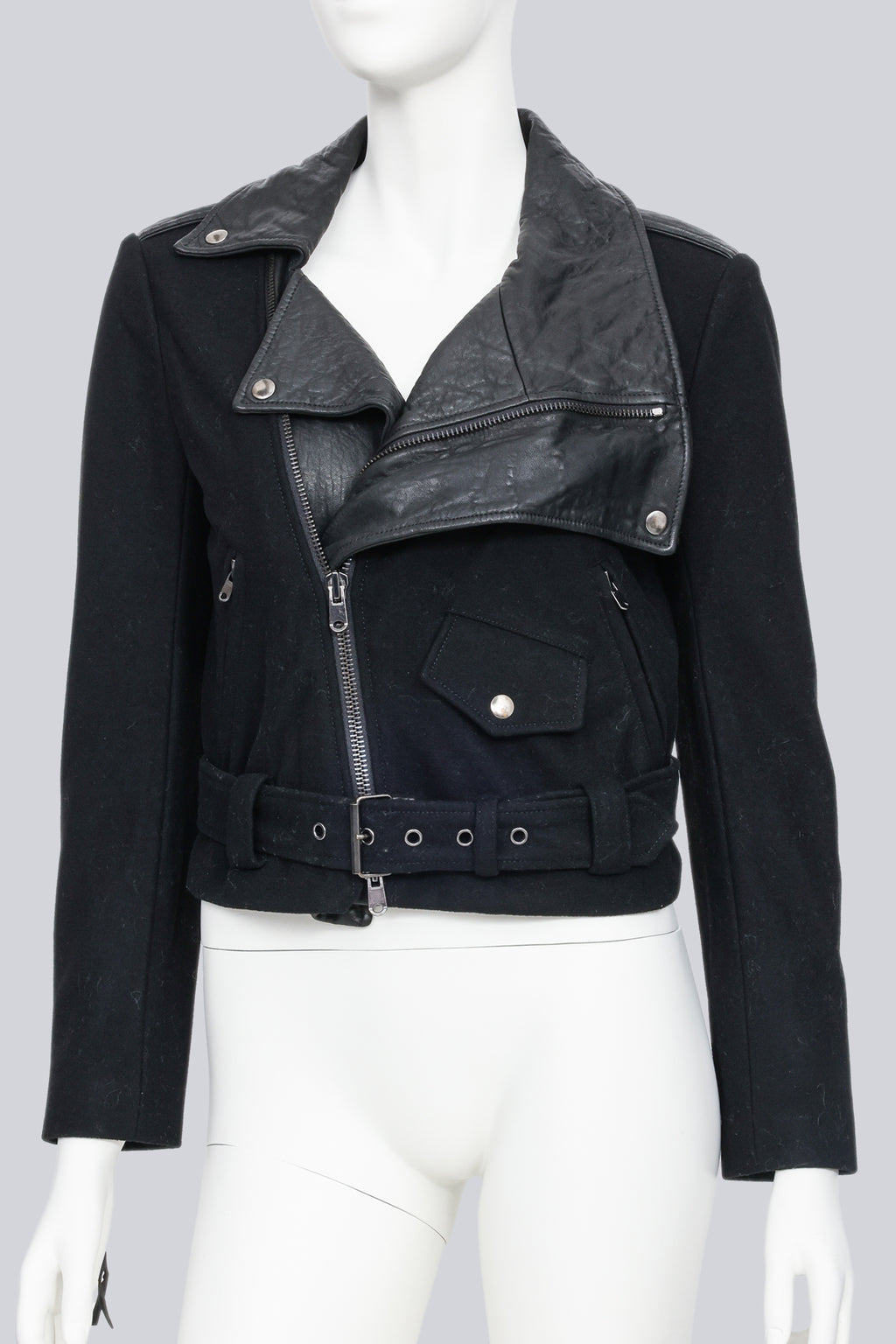 A BLACK WOOL AND LEATHER BIKER JACKET