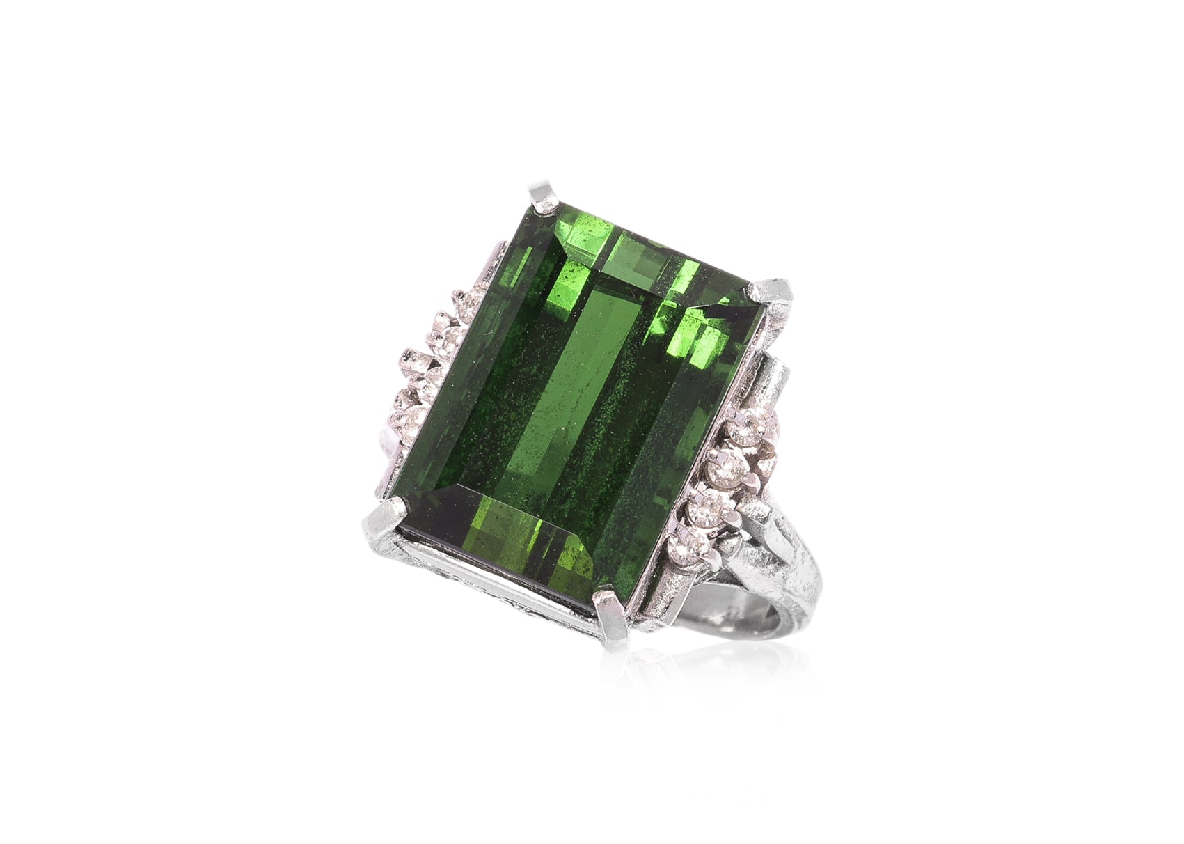 A LARGE GREEN TOURMALINE AND DIAMOND RING