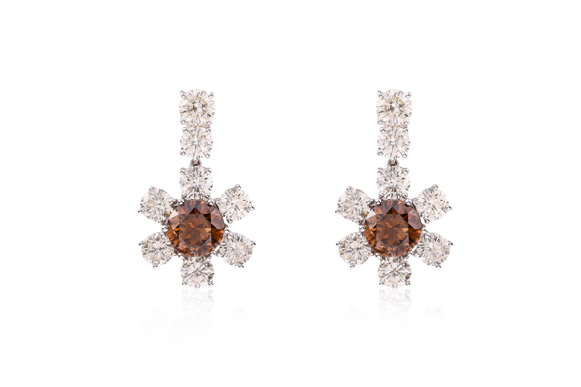 A PAIR OF BROWN DIAMOND AND DIAMOND EARRINGS