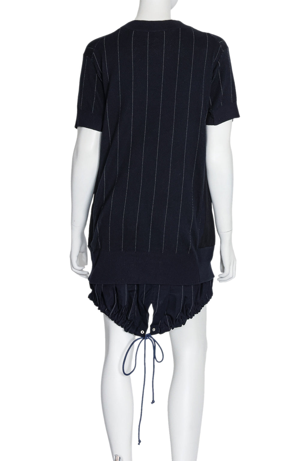 SACAI - A BLACK PINSTRIPE SHORT SLEEVE DRESS WITH LAYERED HEM AND TIE