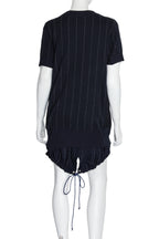 SACAI - A BLACK PINSTRIPE SHORT SLEEVE DRESS WITH LAYERED HEM AND TIE