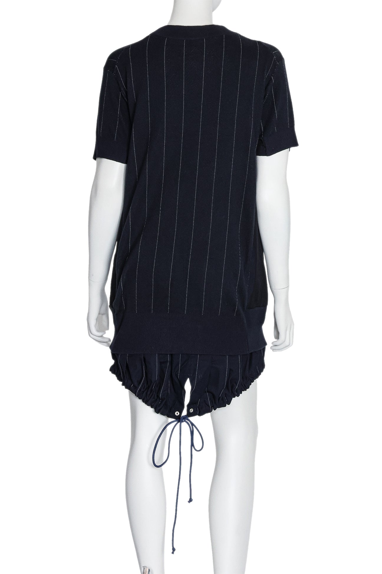 SACAI - A BLACK PINSTRIPE SHORT SLEEVE DRESS WITH LAYERED HEM AND TIE