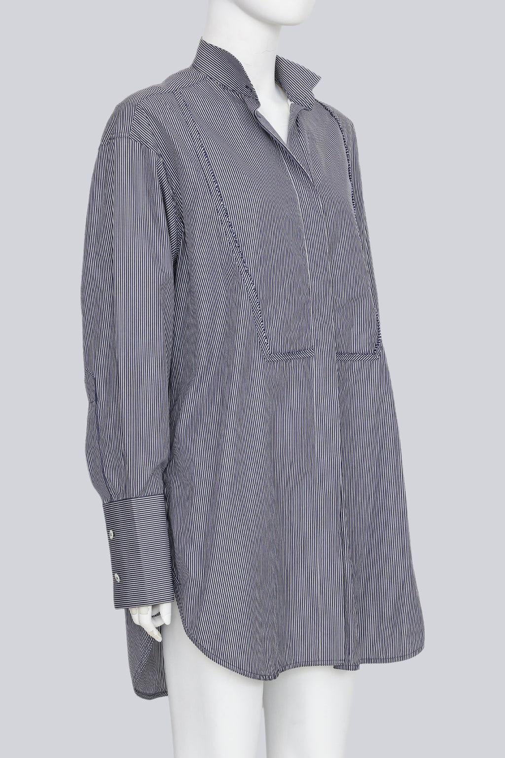 CELINE - A LONG SLEEVE STRIPED BUTTON UP DRESS WITH BIB DETAIL