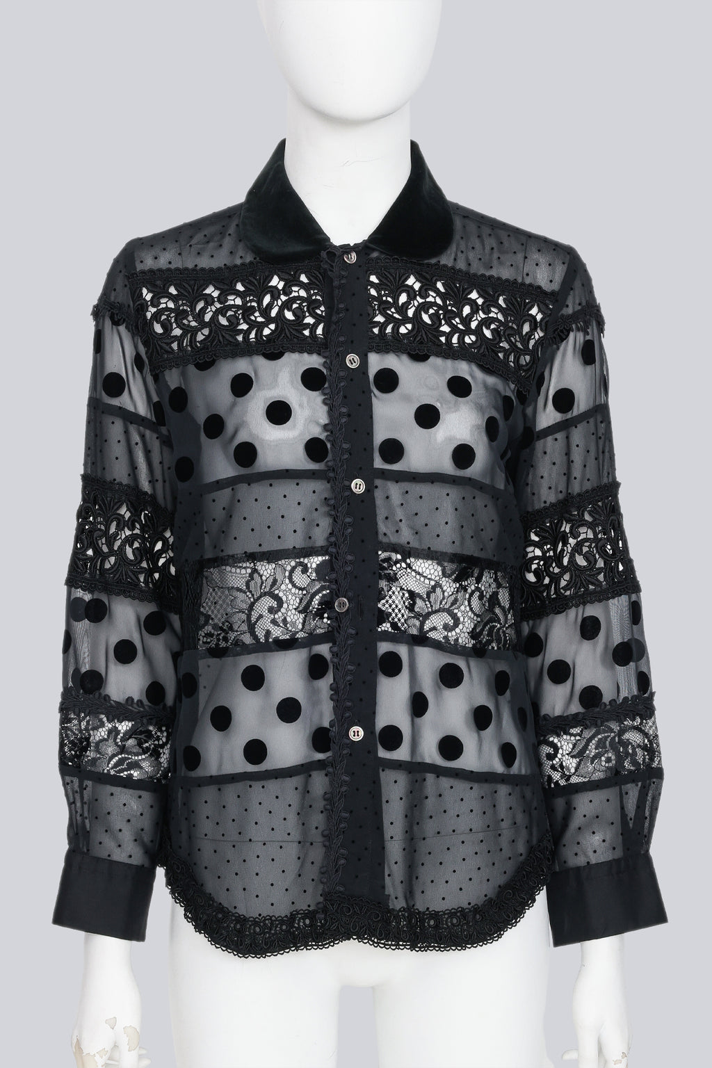 COMME DES GARCONS TRICOT - A 2017 BLACK SHEER POLKA DOT AND LACE BLOUSE WITH A VELVET COLLAR