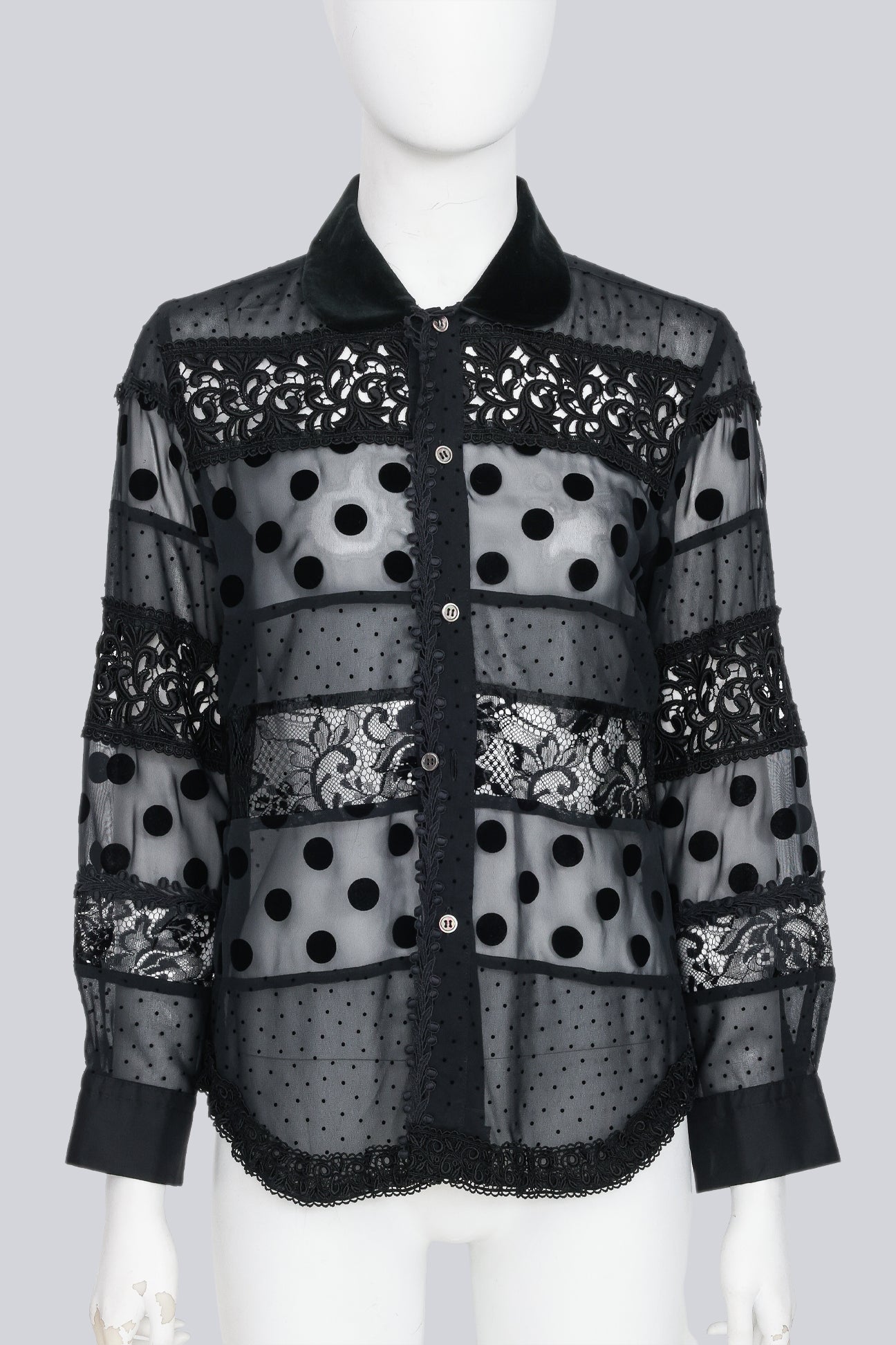 COMME DES GARCONS TRICOT - A 2017 BLACK SHEER POLKA DOT AND LACE BLOUSE WITH A VELVET COLLAR