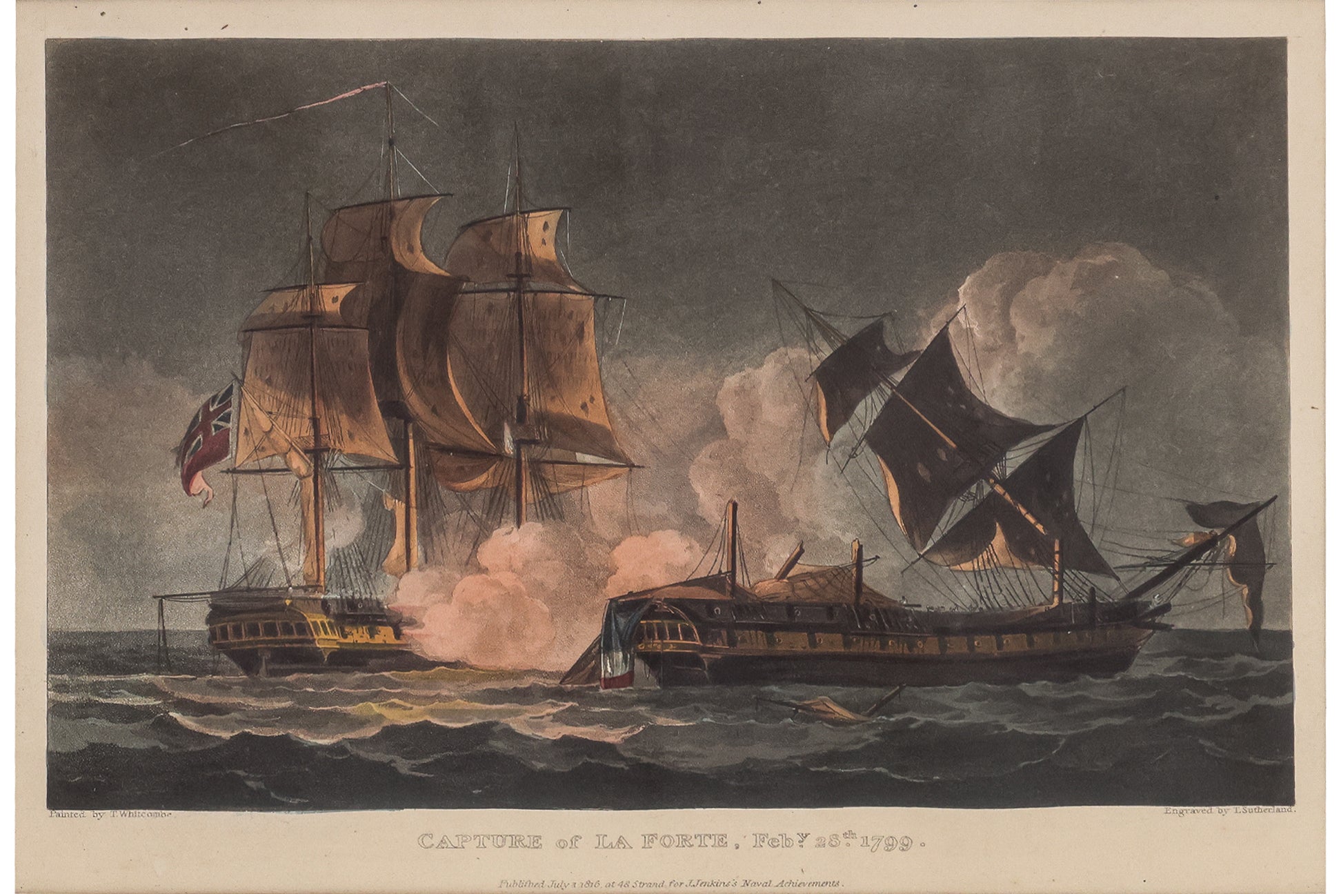 A GROUP OF SIX HAND-COLOURED ENGRAVINGS OF NAVAL BATTLES, JAMES JENKINS, C. 1830