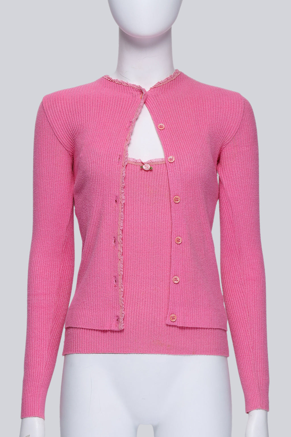 BLUMARINE BLUGIRL - A PINK CAMISOLE AND CARDIGAN SET WITH LACE TRIMS