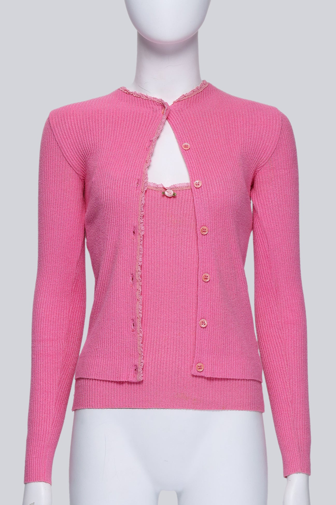 BLUMARINE BLUGIRL - A PINK CAMISOLE AND CARDIGAN SET WITH LACE TRIMS