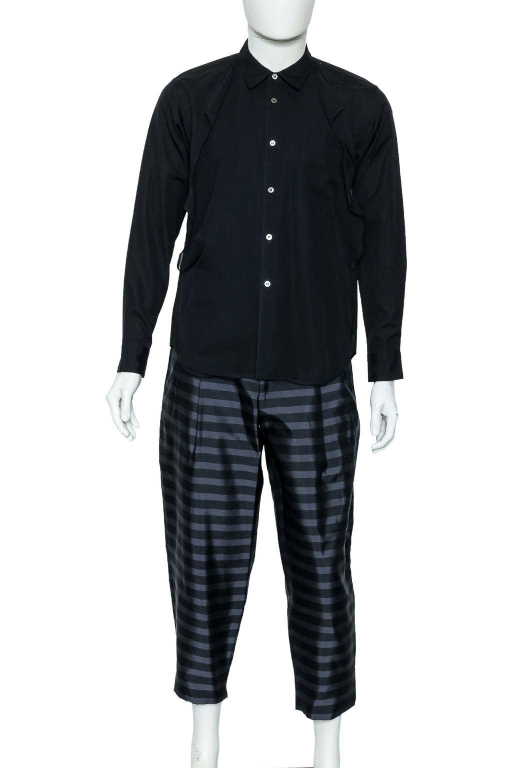 COMME DES GARCONS HOMME PLUS - A 2015 BLACK SHIRT AND GREY STRIPED TROUSERS ENSEMBLE
