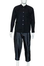 COMME DES GARCONS HOMME PLUS - A 2015 BLACK SHIRT AND GREY STRIPED TROUSERS ENSEMBLE