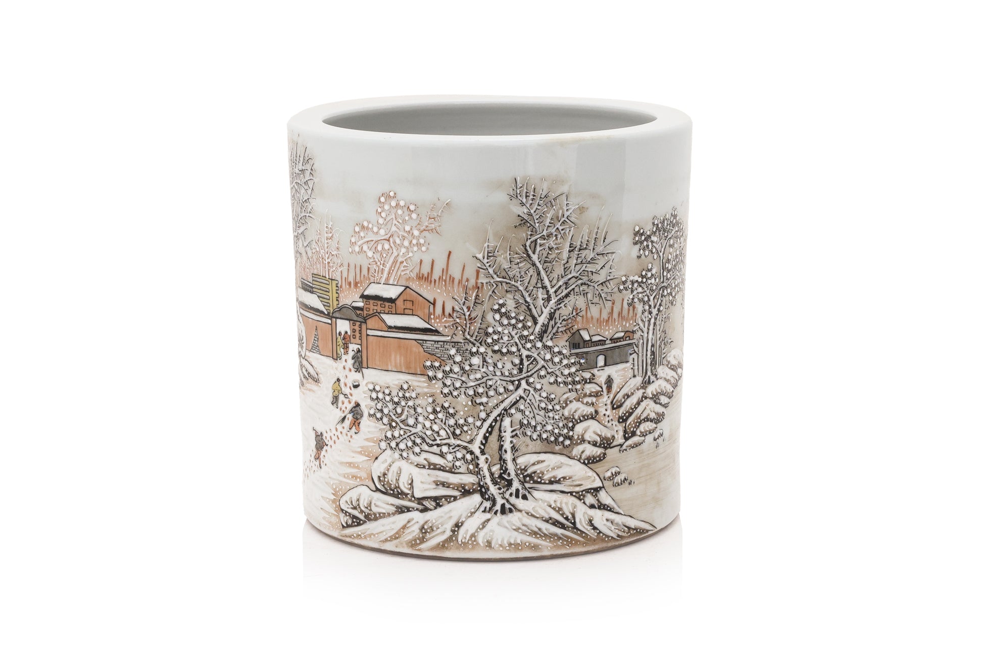 A WINTER LANDSCAPE DECORATED BRUSHPOT IN THE MANNER OF HE XUREN