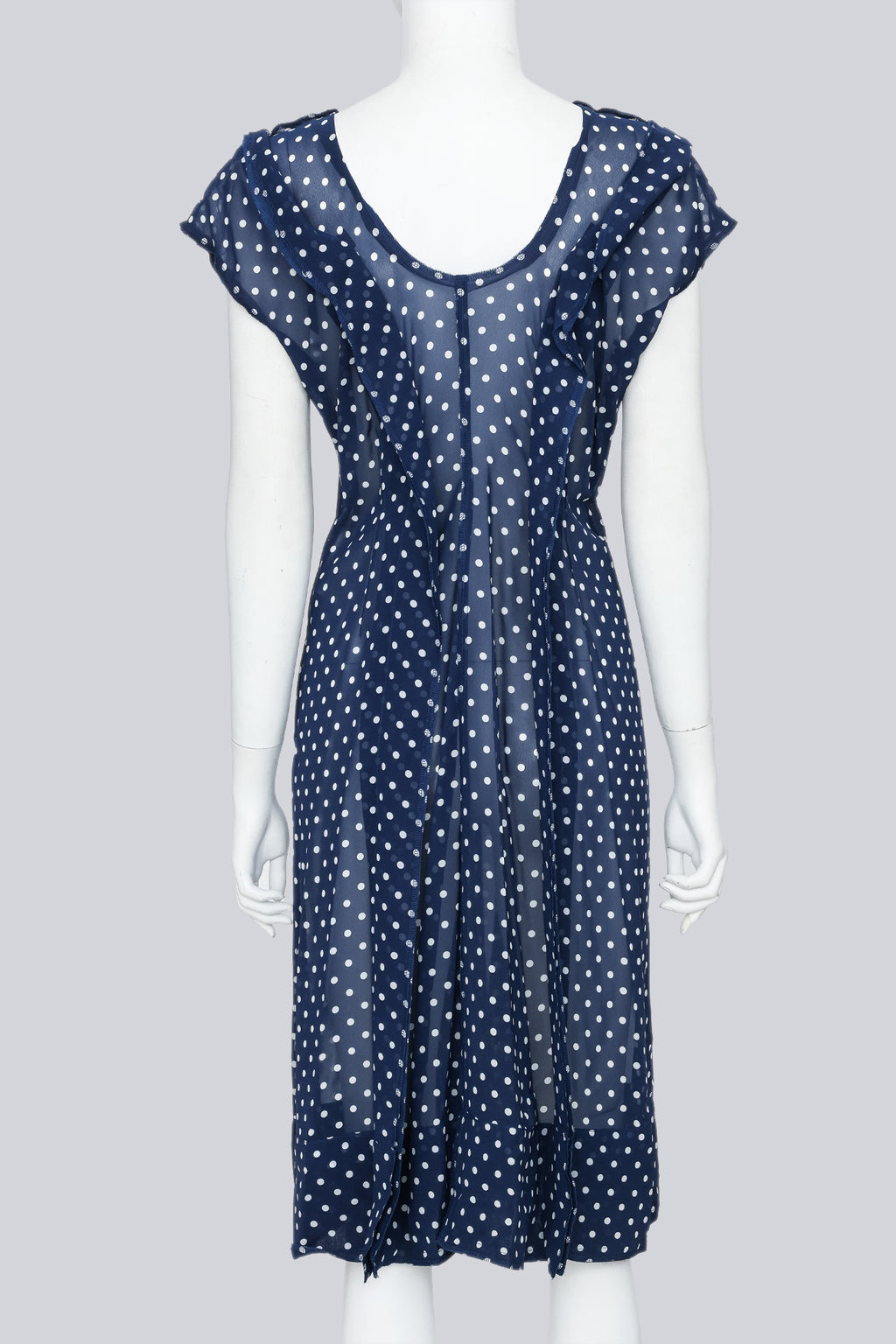 COMME DES GARÇONS - A SHEER NAVY BLUE POLKA DOT RUFFLED DRESS