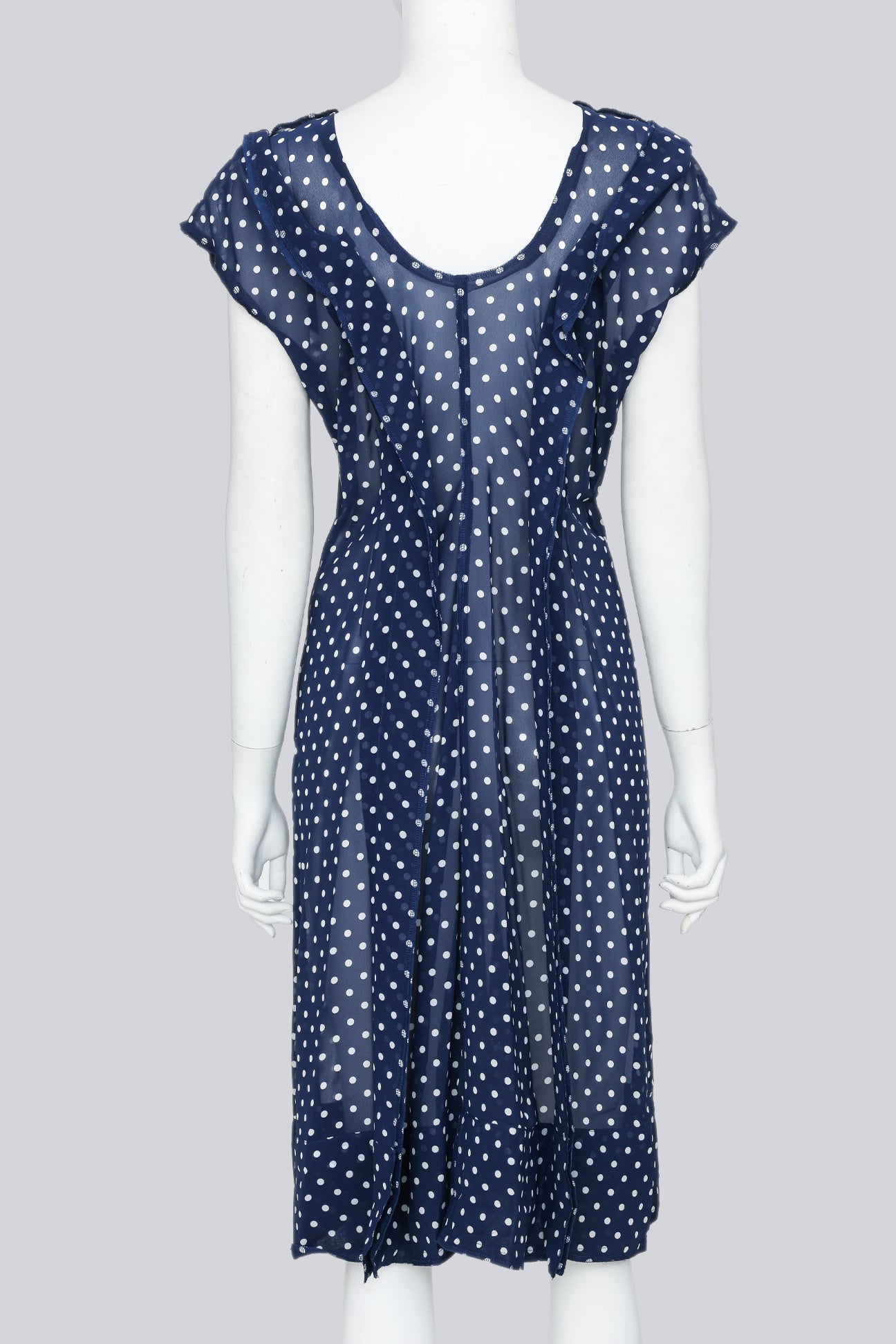 COMME DES GARÇONS - A SHEER NAVY BLUE POLKA DOT RUFFLED DRESS