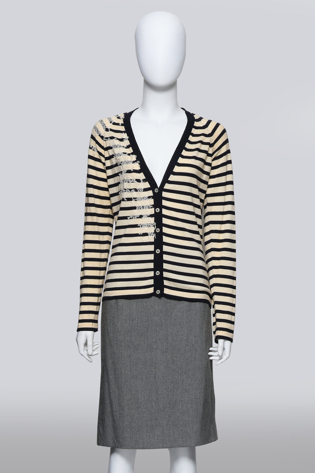 JOHN GALLIANO - A STRIPED CARDIGAN AND GREY SKIRT ENSEMBLE