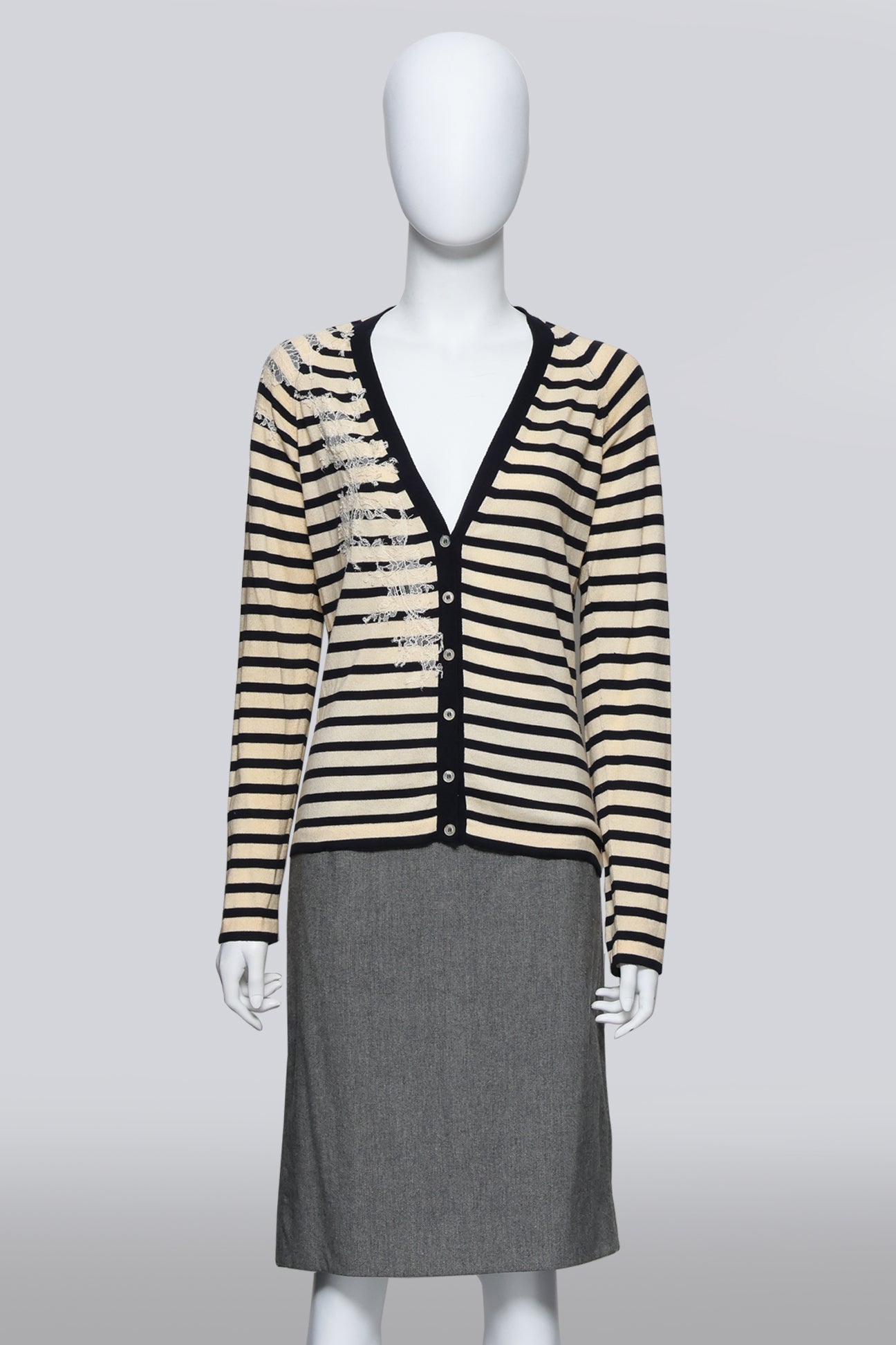 JOHN GALLIANO - A STRIPED CARDIGAN AND GREY SKIRT ENSEMBLE