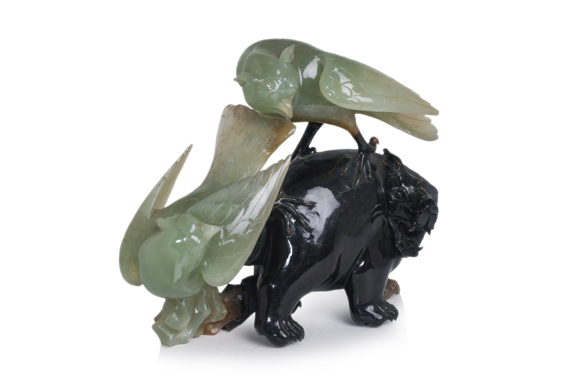A SERPENTINE JADE BEAR AND BIRDS GROUP
