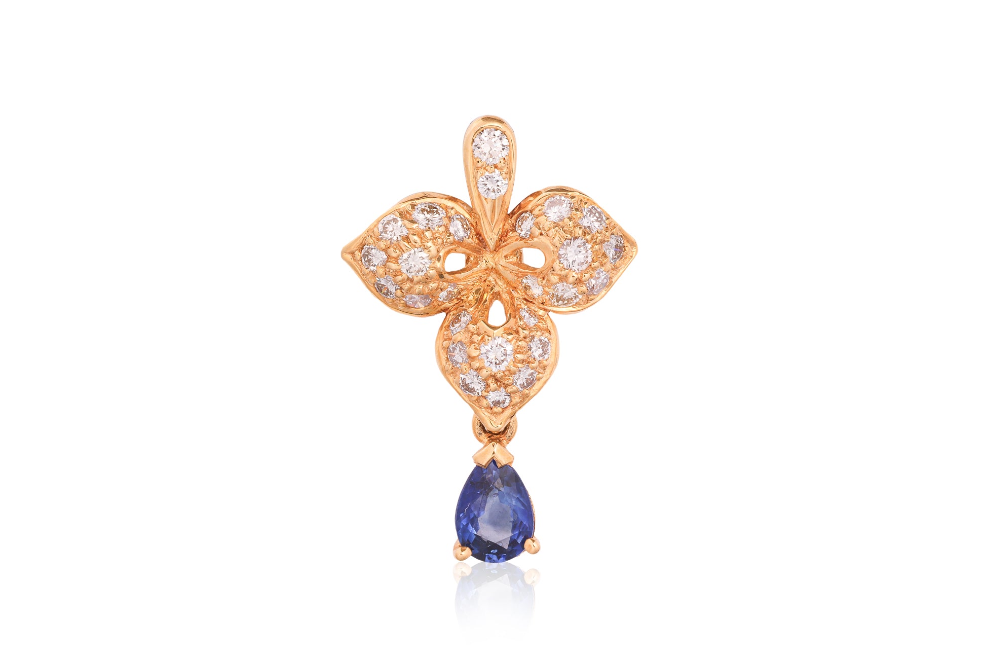 A HIGH KARAT GOLD SAPPHIRE AND DIAMOND 'LEAF' PENDANT