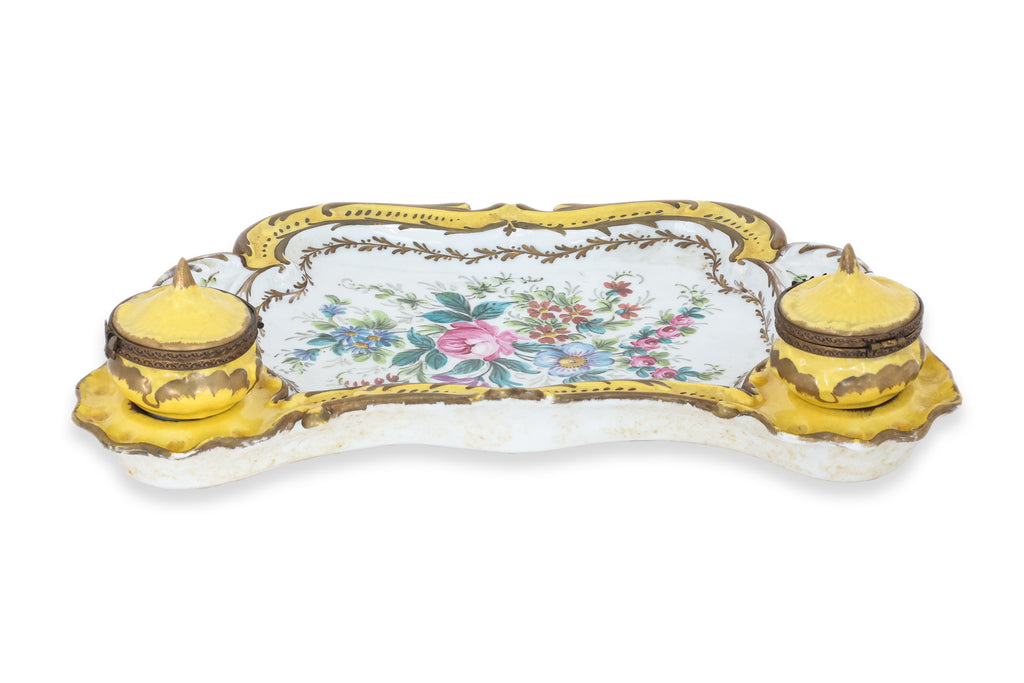 A SEVRES STYLE YELLOW GROUND PORCELAIN INK STAND