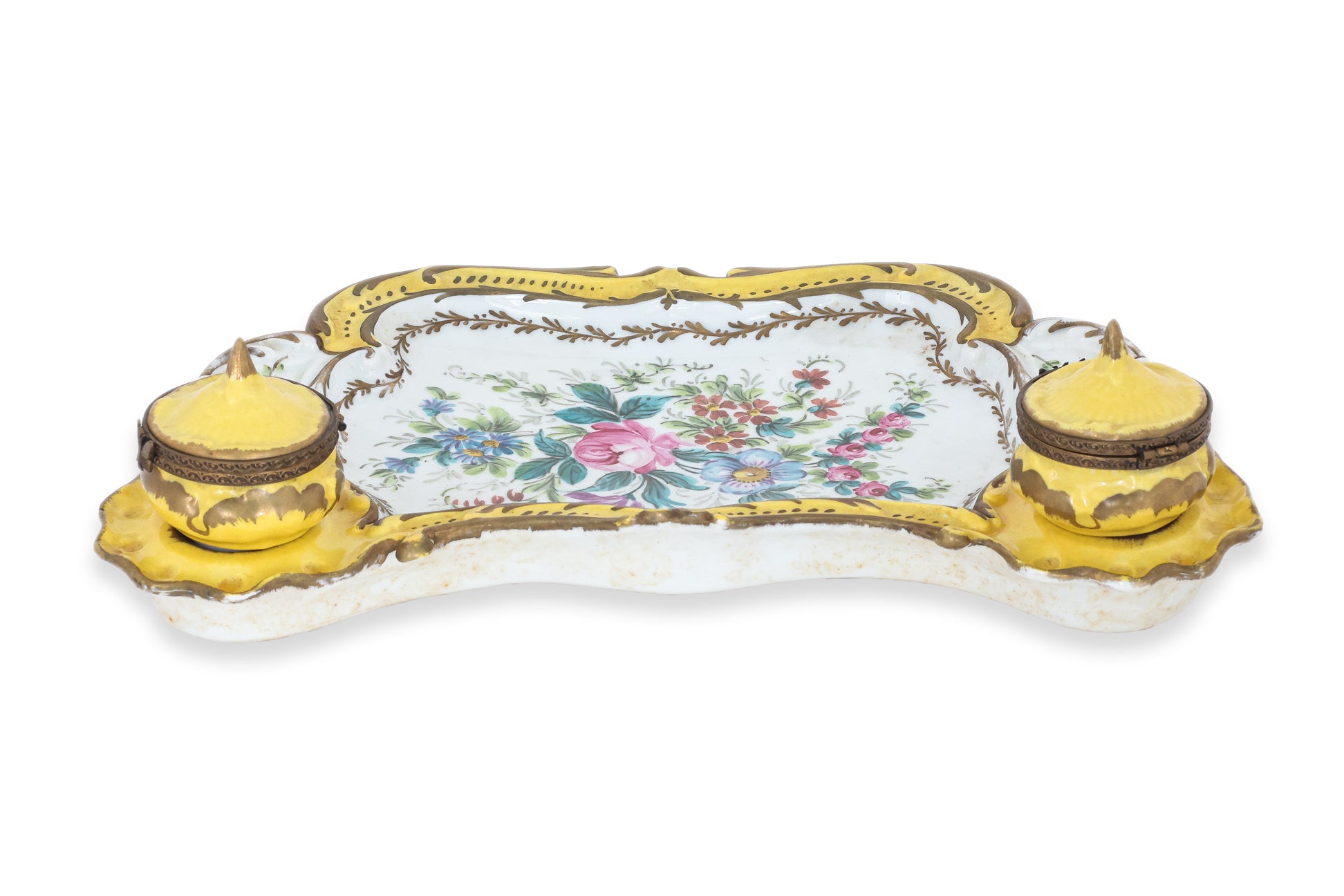 A SEVRES STYLE YELLOW GROUND PORCELAIN INK STAND