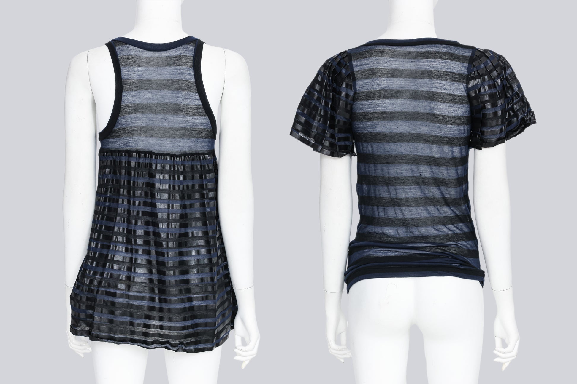 SACAI - A PAIR OF 2008 SHEER NAVY AND BLACK STRIPED TOPS WITH TENCEL ACCENTS