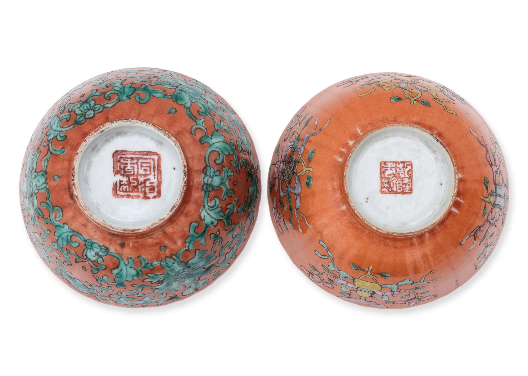 TWO FAMILLE ROSE CORAL GROUND 'SHOU' BOWLS