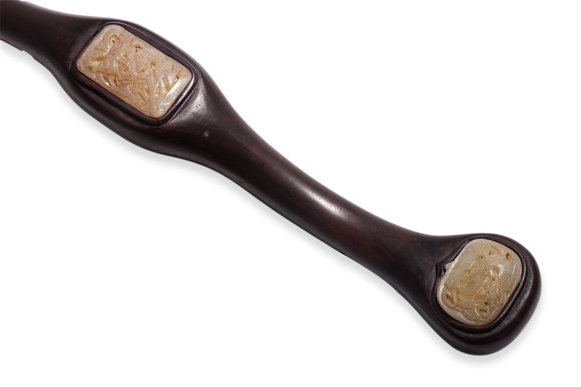 A HARDWOOD AND JADE INSET RUYI SCEPTRE