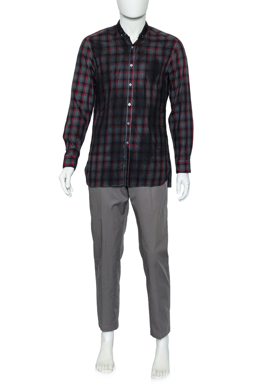 LANVIN - A RED AND GREY CHECKED BUTTON-UP SHIRT AND TROUSERS ENSEMBLE