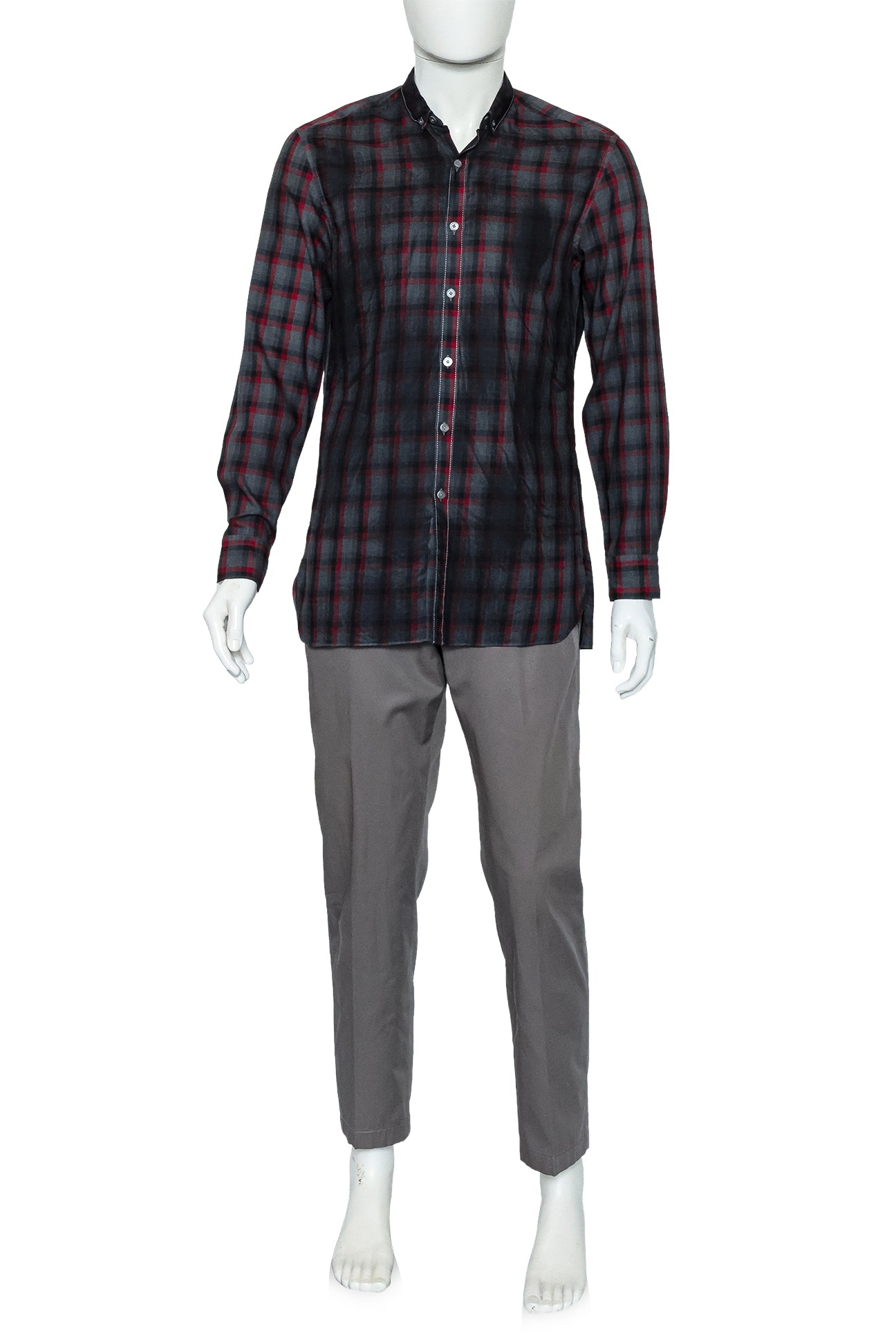 LANVIN - A RED AND GREY CHECKED BUTTON-UP SHIRT AND TROUSERS ENSEMBLE