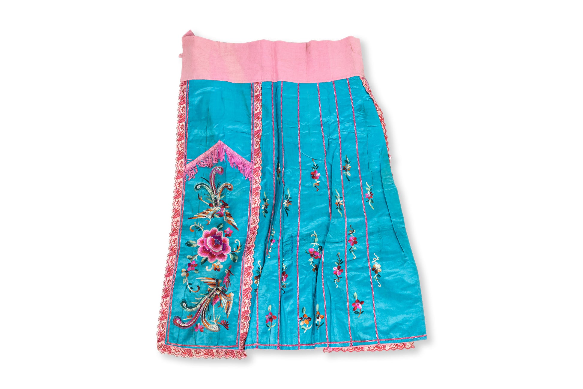 A BLUE SILK PHOENIX AND PEONY EMBROIDERED SKIRT