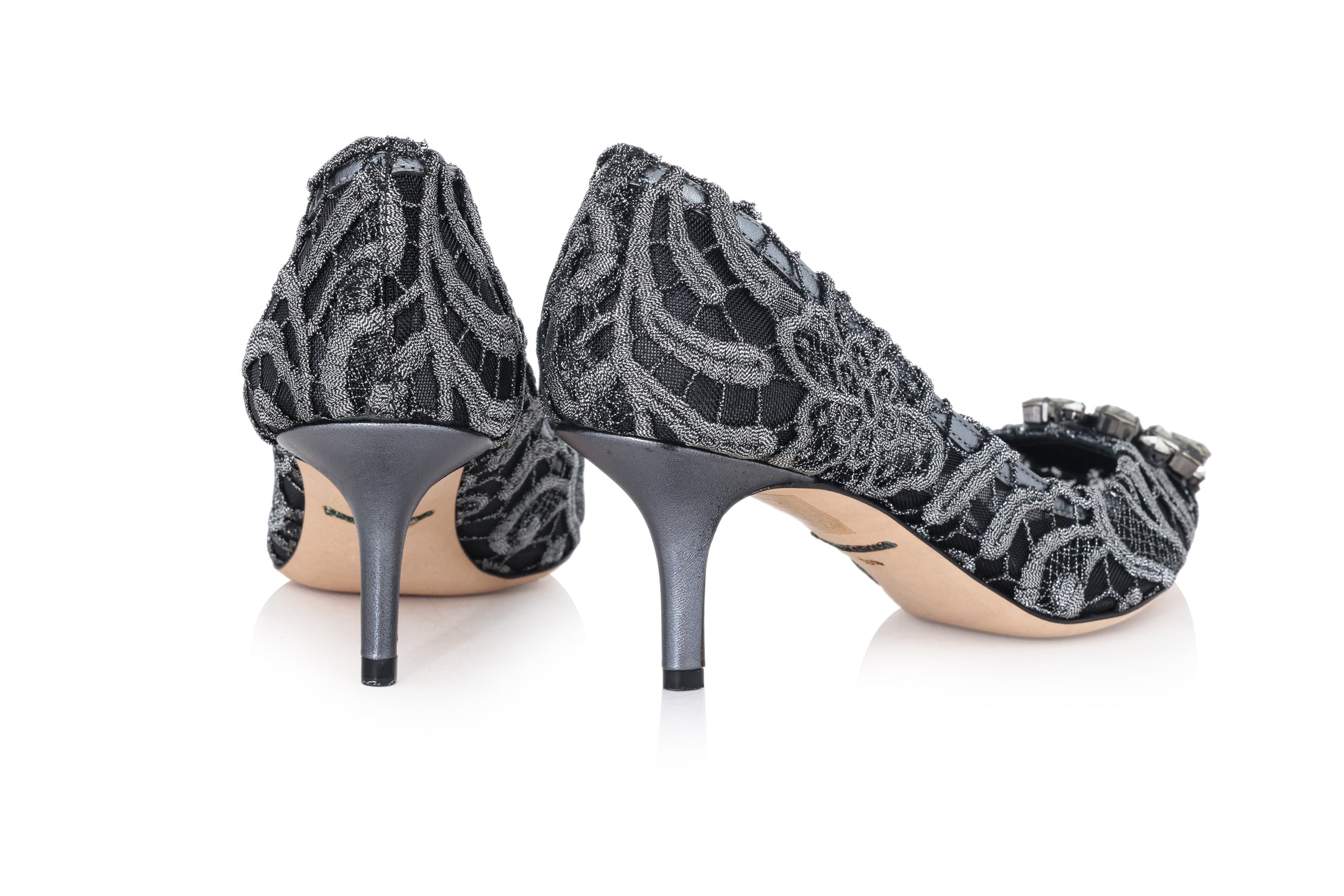 DOLCE & GABBANA – A PAIR OF ANTHRACITE ‘BELLUCCI’ EMBELLISHED LACE PUMPS