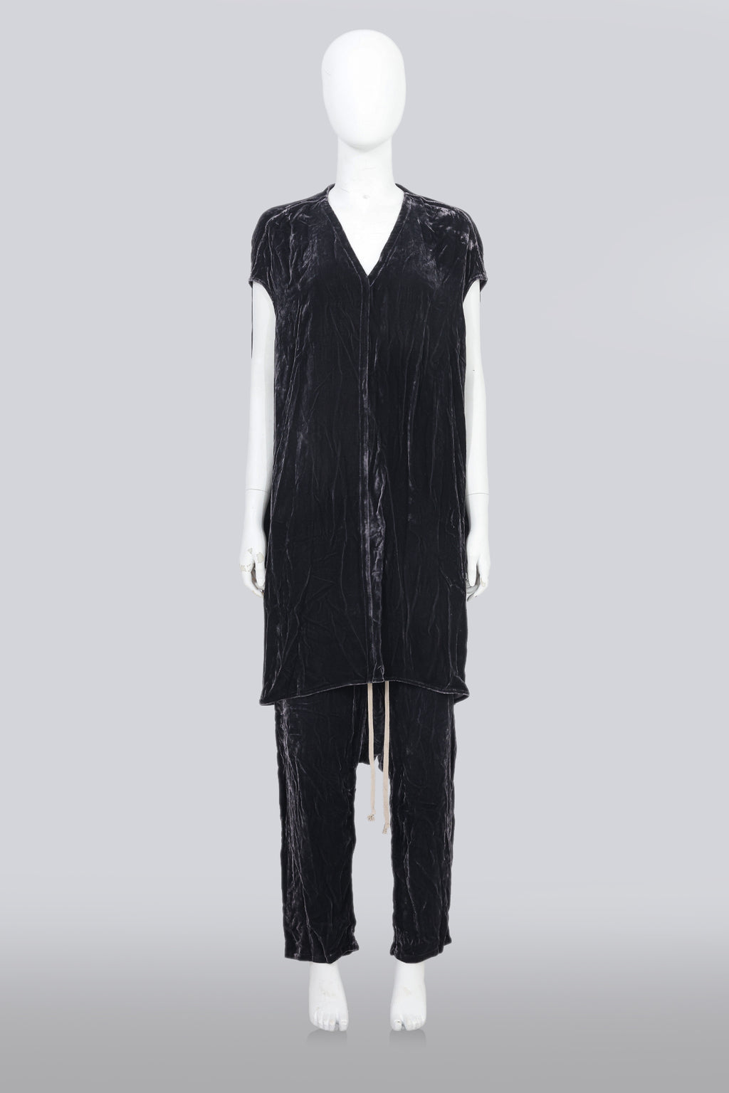 RICK OWENS - 'GLITTER' COLLECTION 'PLUM' CRUSHED VELVET SHIRT AND TROUSERS SET