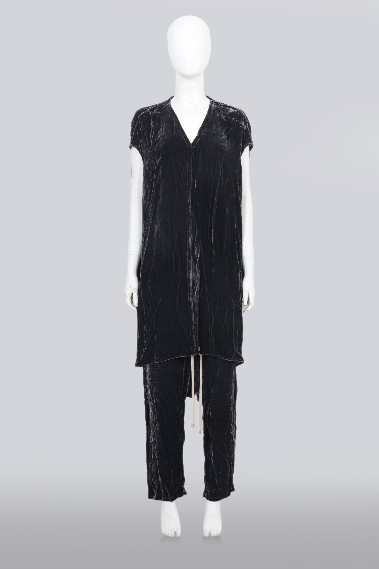 RICK OWENS - 'GLITTER' COLLECTION 'PLUM' CRUSHED VELVET SHIRT AND TROUSERS SET