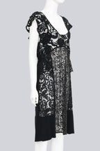 PRADA - A 2008 BLACK COTTON BLEND HEAVY LACE APPLIQUE PANELLED DRESS