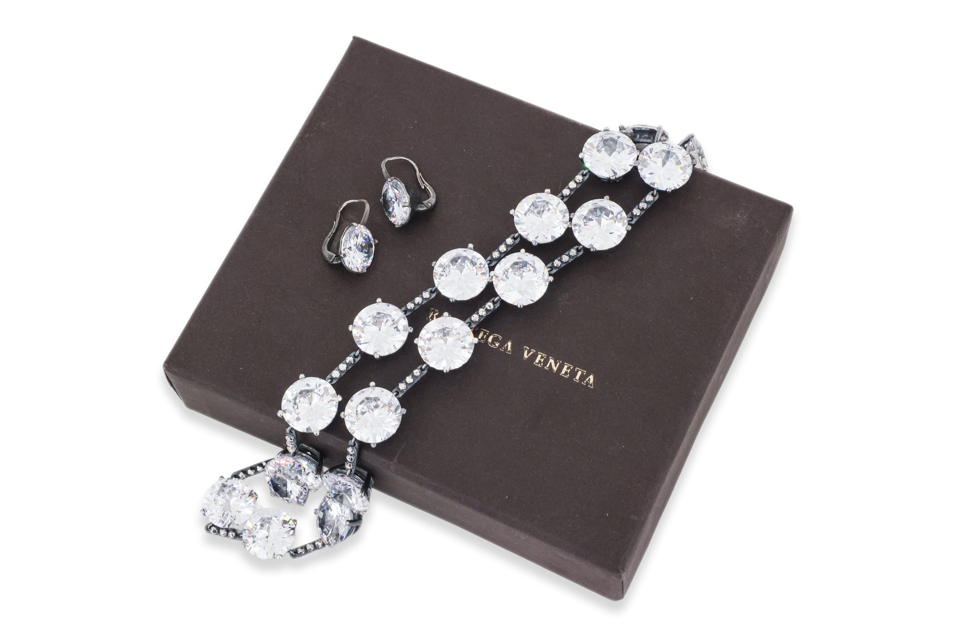 BOTTEGA VENETA - A CUBIC ZIRCONIA SET OXIDISED SILVER NECKLACE WITH MATCHED EARRINGS