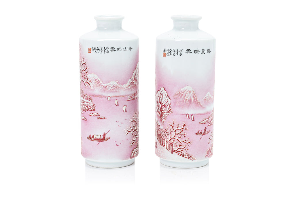 A PAIR OF SMALL PINK ENAMELLED WINTER LANDSCAPE VASES