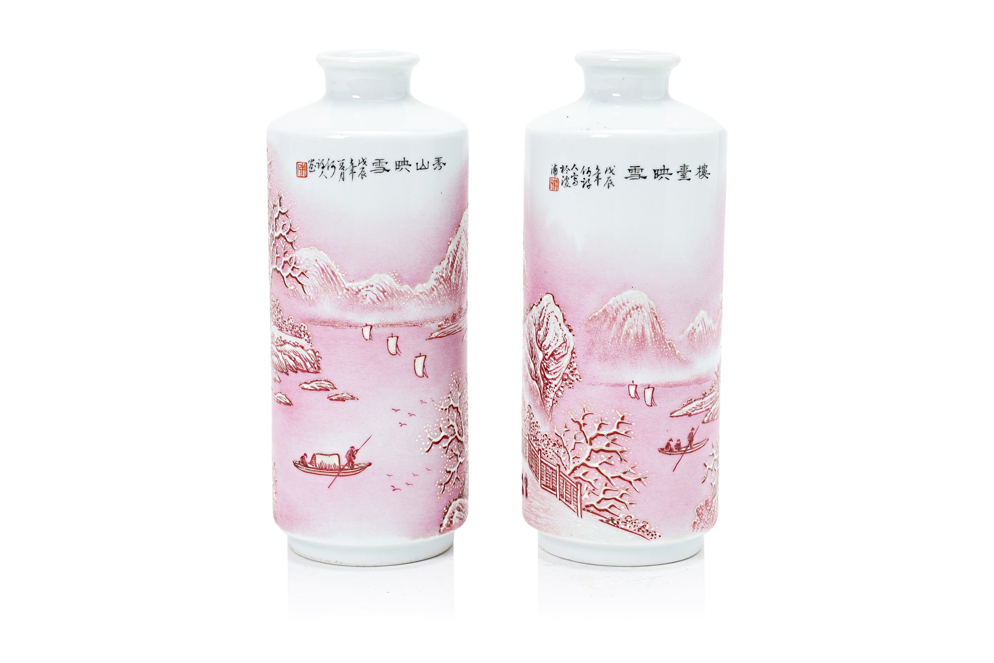 A PAIR OF SMALL PINK ENAMELLED WINTER LANDSCAPE VASES