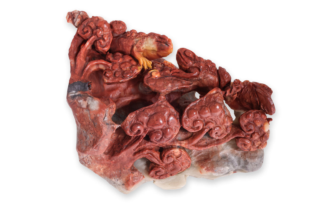 A SHOUSHAN STONE MODEL OF LUCKY TOADS AND LINGZHI