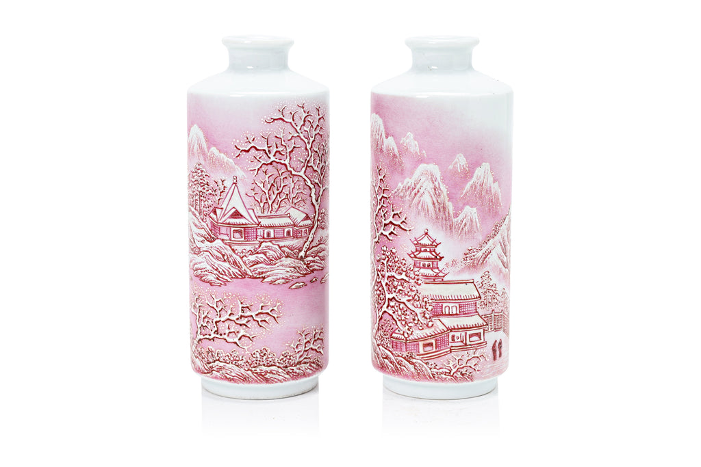 A PAIR OF SMALL PINK ENAMELLED WINTER LANDSCAPE VASES