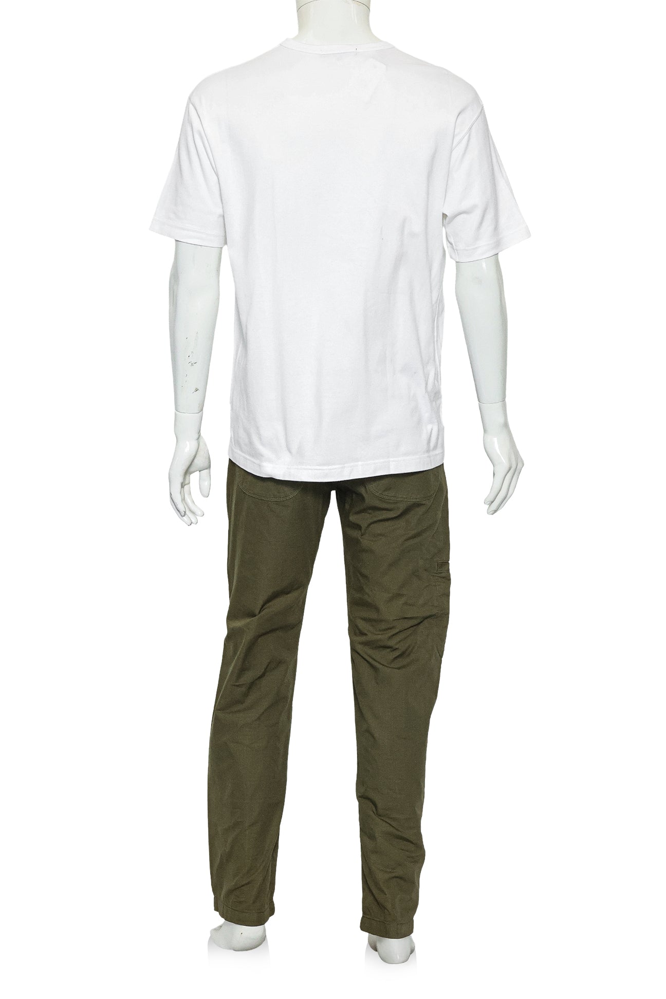 COMME DES GARCONS HOMME - A WHITE T-SHIRT AND OLIVE TROUSERS ENSEMBLE