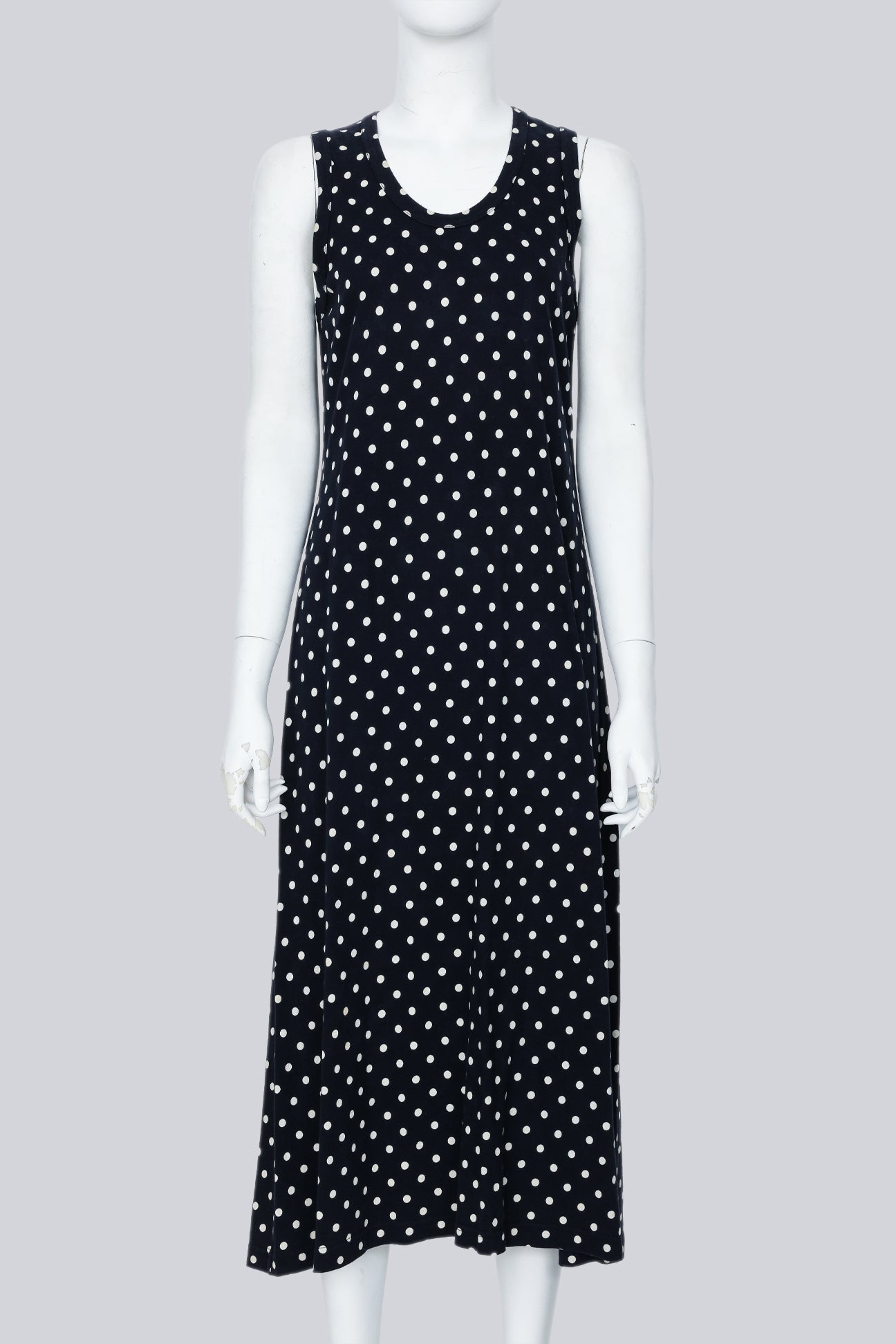COMME DES GARCONS - A NAVY SHIFT DRESS WITH WHITE POLKA DOTS