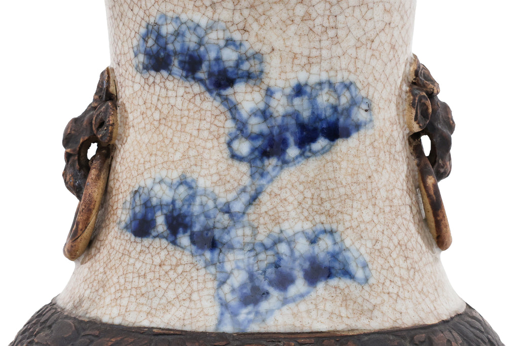 A LARGE NANKING BLUE AND WHITE BIRD AND FLOWER DECORATED VASE