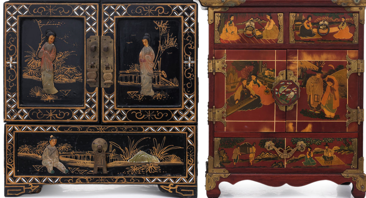 TWO CHINESE LACQUER JEWELLERY BOXES