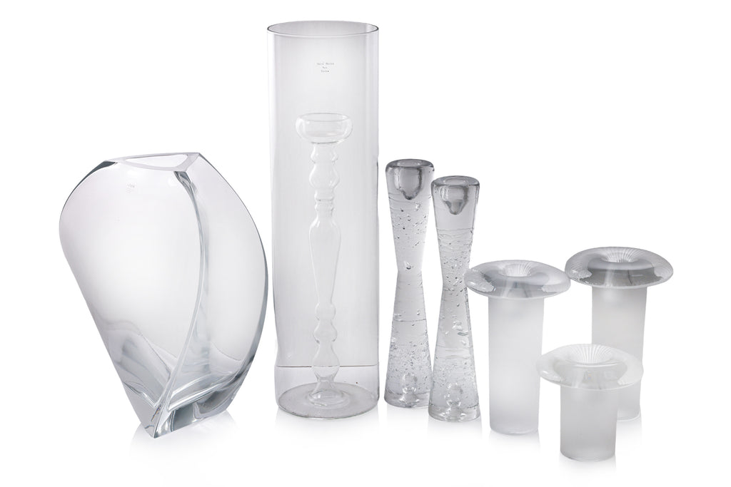 A GROUP OF EUROPEAN GLASS CANDLESTICKS AND VASES