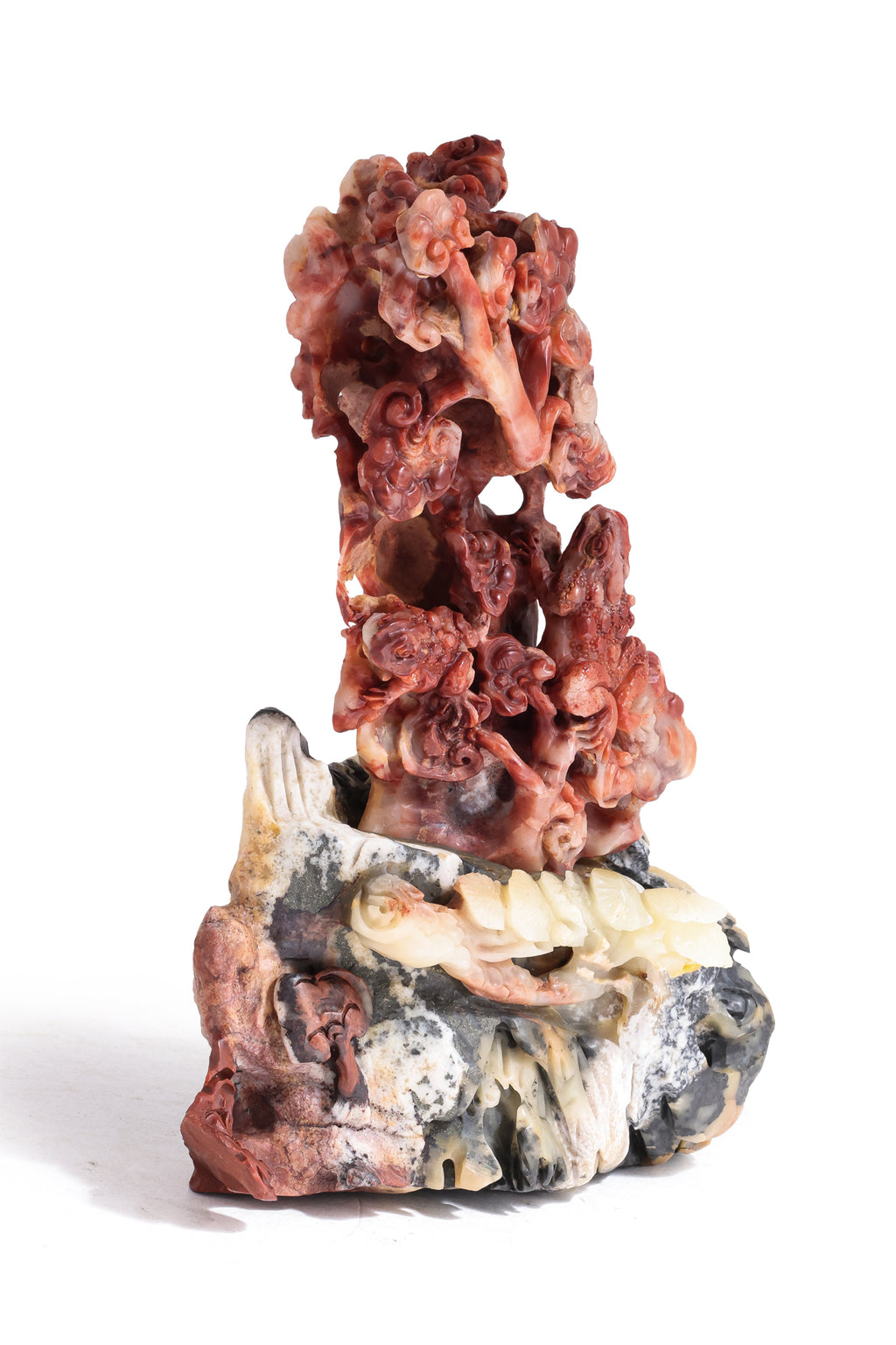 A SHOUSHAN STONE MODEL OF LUCKY TOADS, LINGZHI, AND PINE TREES