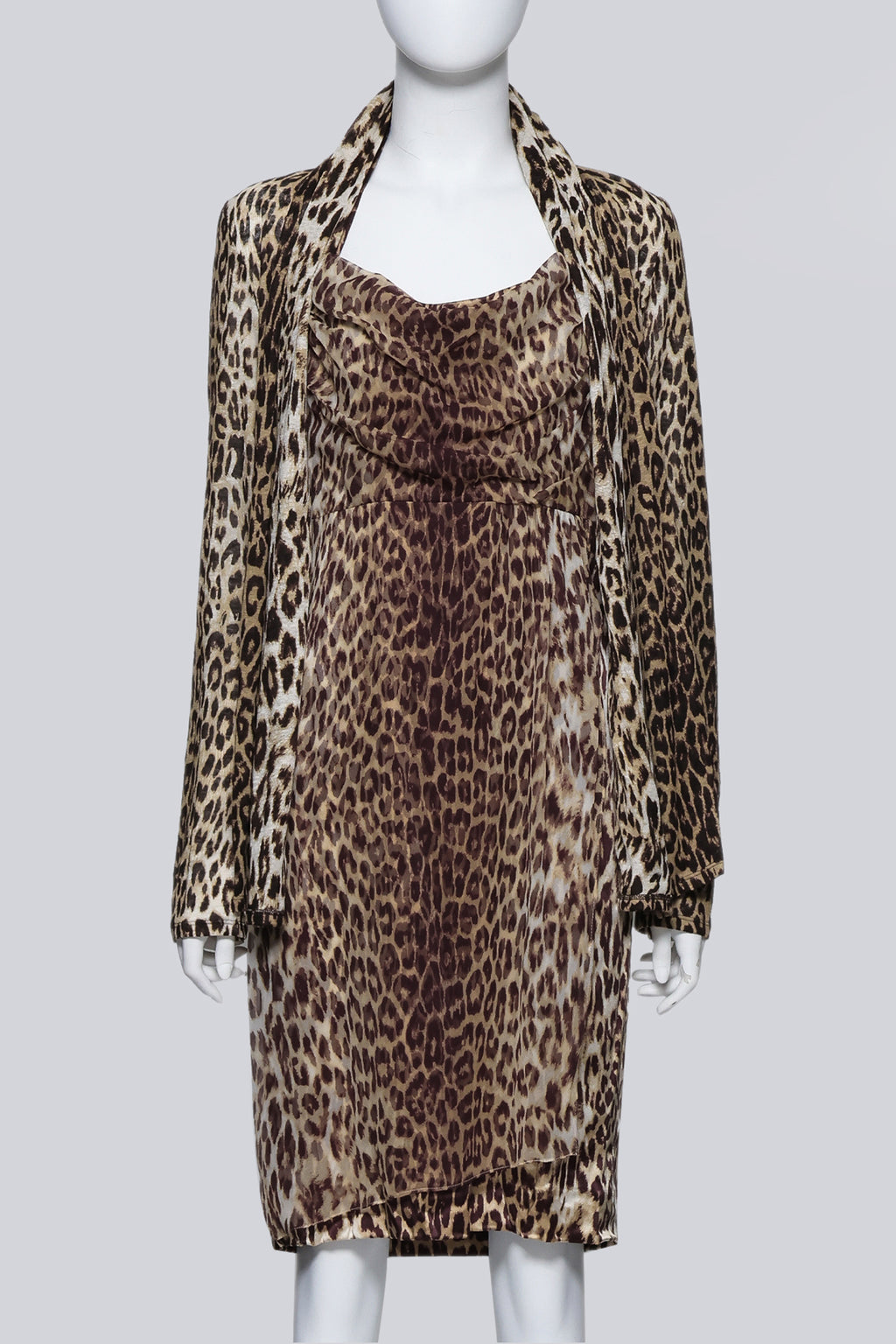 ELIE TAHARI - A LEOPARD PRINT DRESS AND CARDIGAN ENSEMBLE