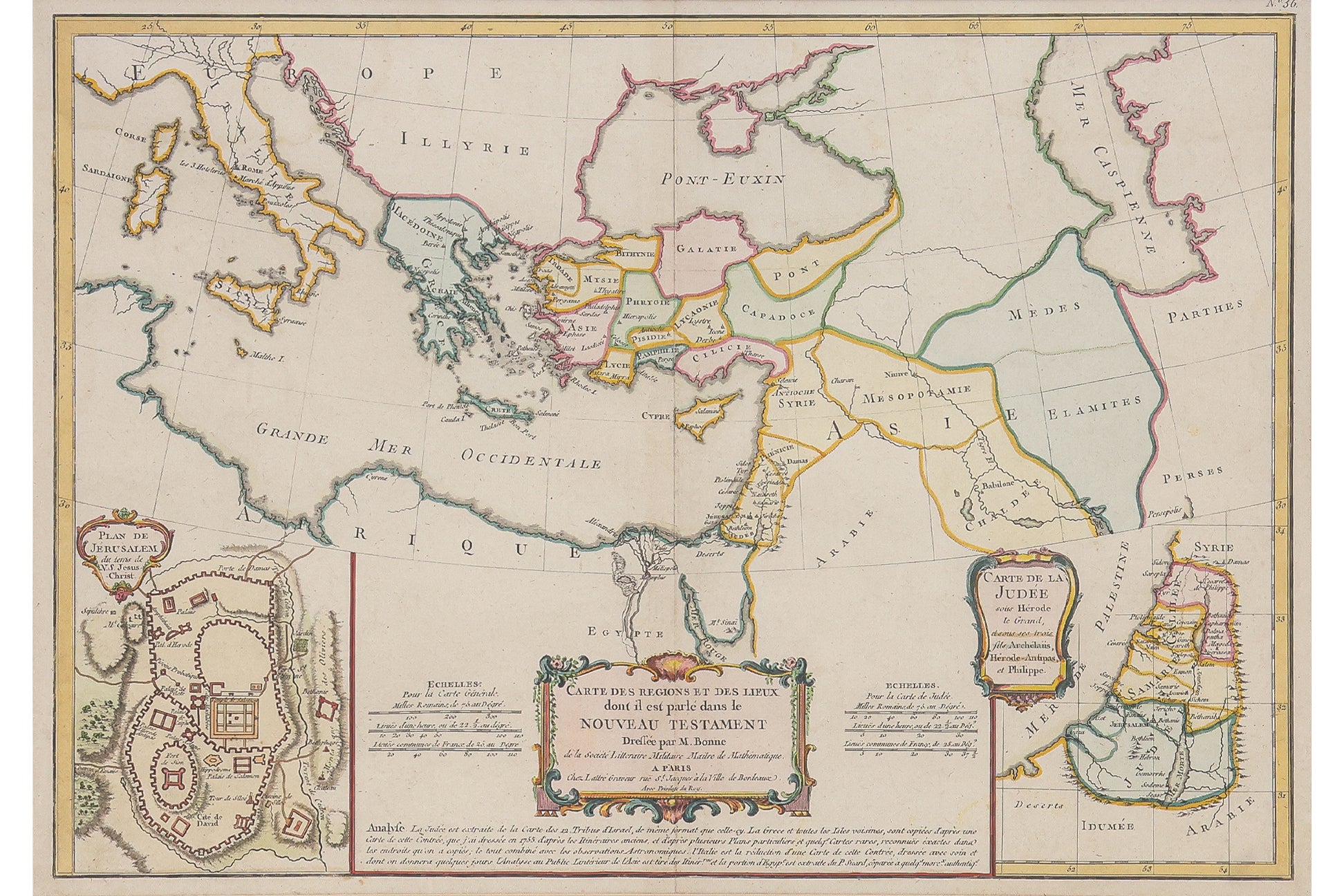 CARTE DES REGIONS ET DES LIEUX DONT IL EST PARLE DANS LE NOUVEAU TESTAMENT, RIGOBERT BONNE, 1771
