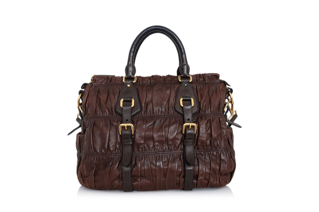 PRADA - A NAPPA GAUFRE BROWN LEATHER SATCHEL BAG