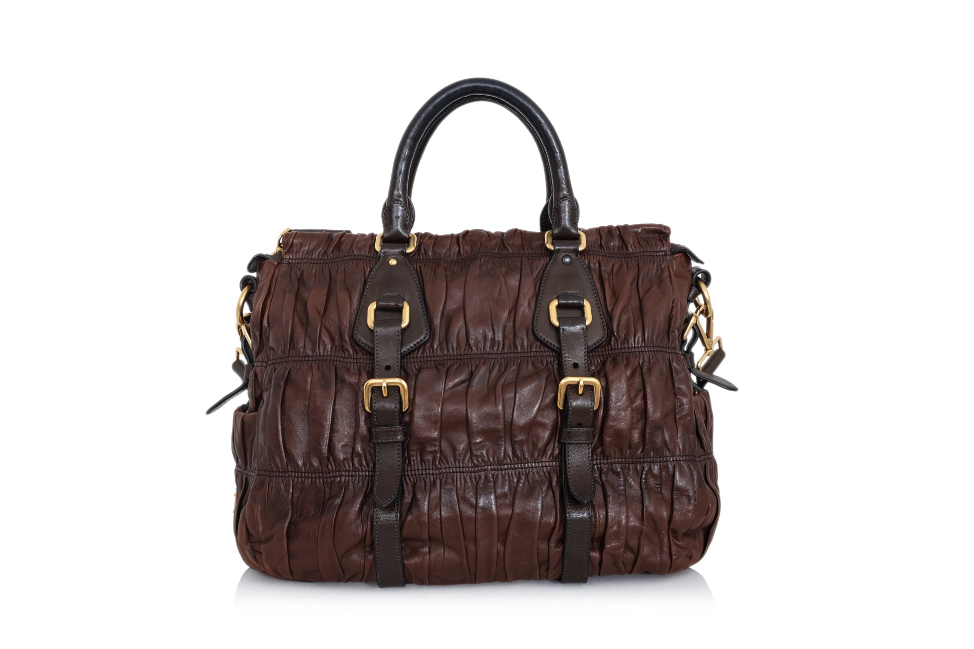 PRADA - A NAPPA GAUFRE BROWN LEATHER SATCHEL BAG